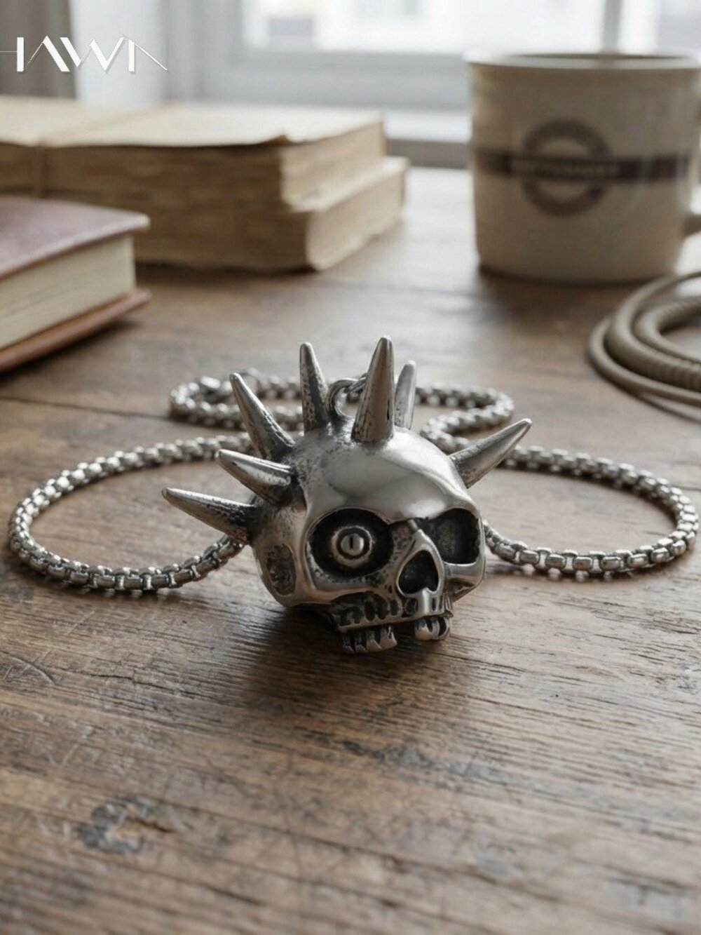 Mens Spiked Skull Head Necklace